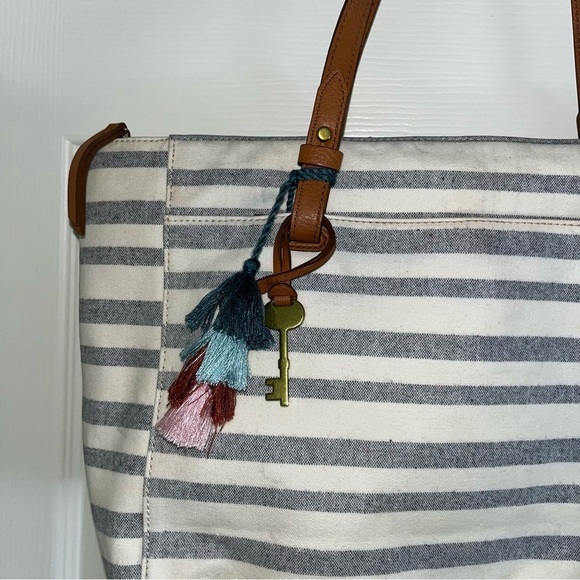 Fossil Gray White Striped Tote Bag Purse Pom Pom tassels 18” x 11” - Picture 2 of 6